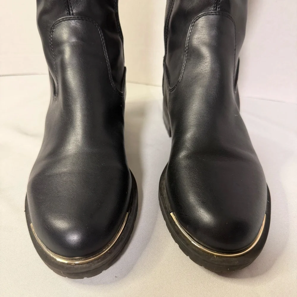 Guess Over The Knee Boots Womens Black Tan Monogram Knit Pull on/Zip
